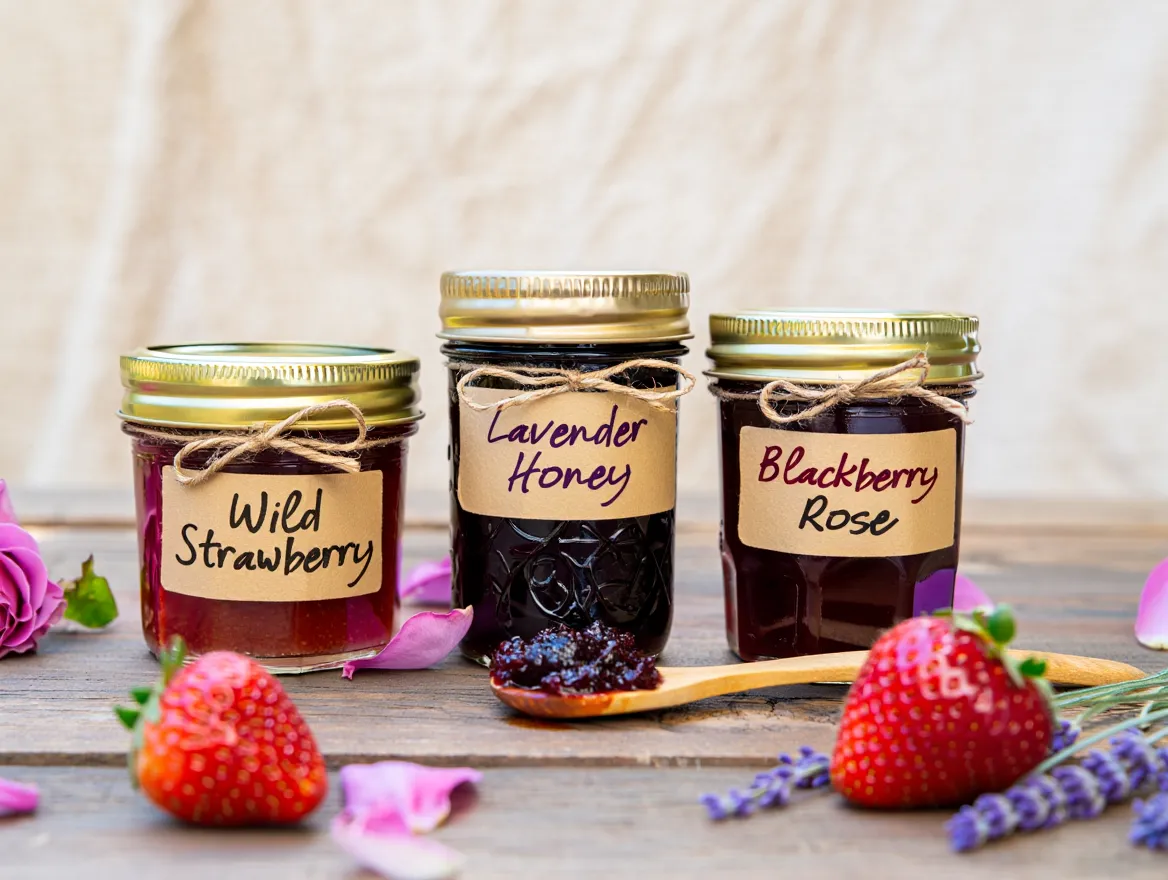 Artisan jam jars with fresh fruits and flowers